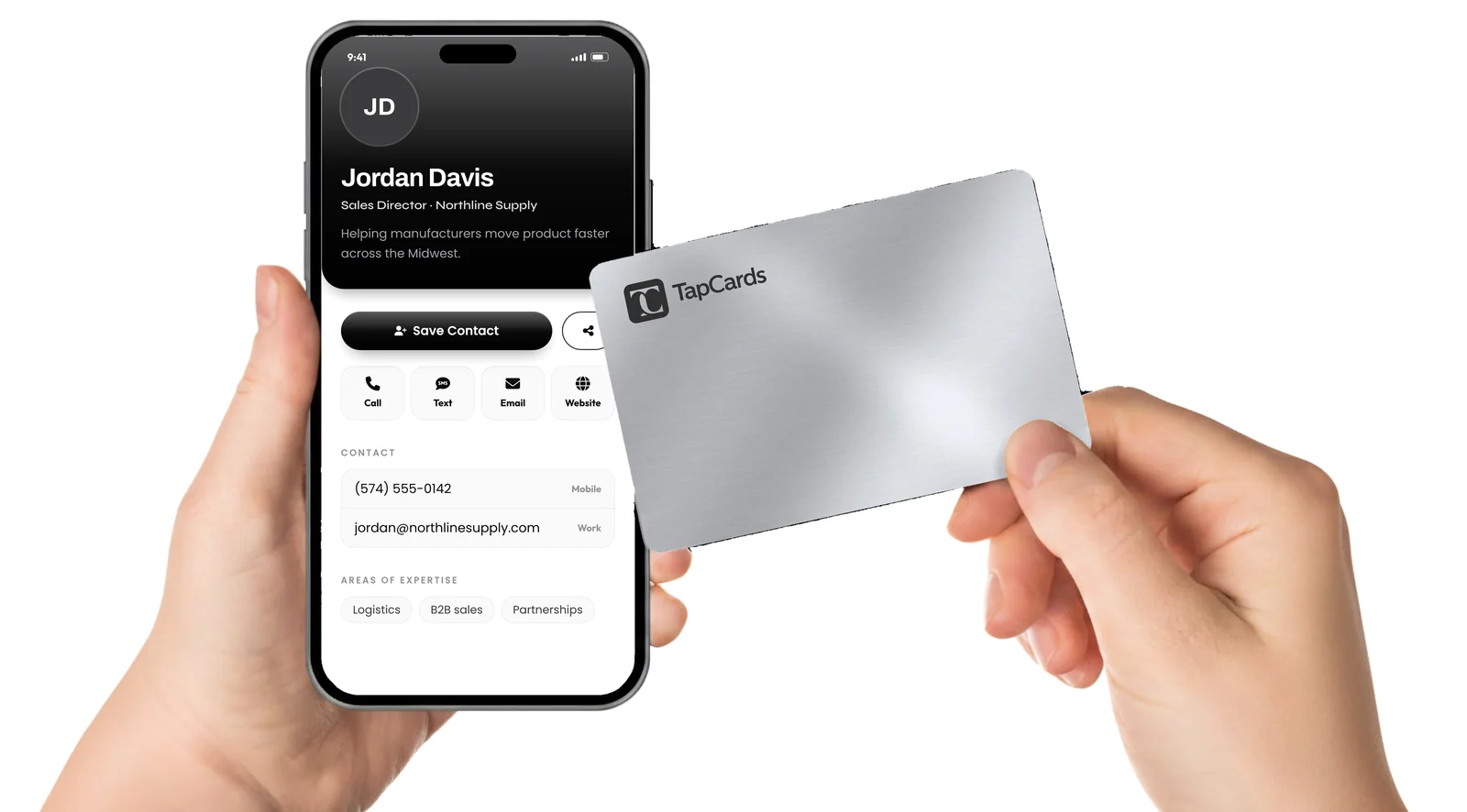 A hand holding a phone showing a Tap Cards profile, next to a silver Tap Cards card
